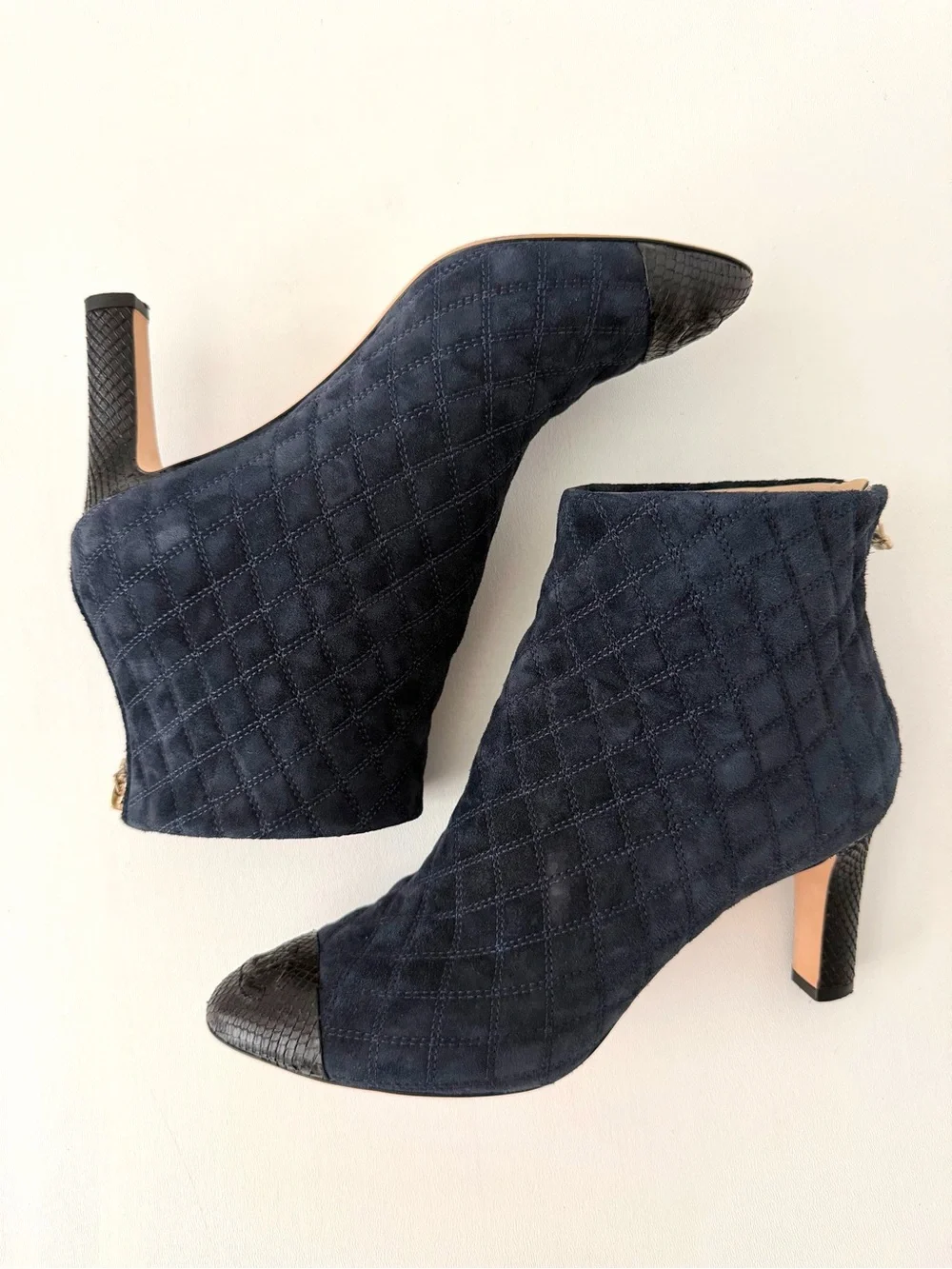 CHANEL | Quilted Suede CC Python Cap Toe Camellia Navy Black Booties EU 37.5